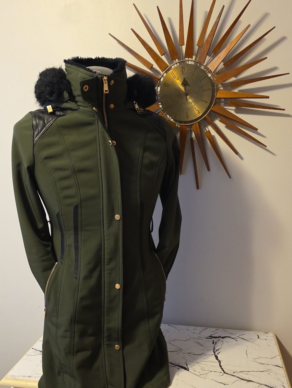 Guess Olive Green Trench Coat with Black Faux Fur Trim